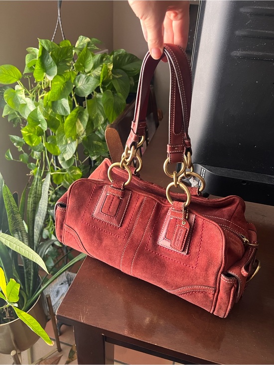 Coach Handbags - Vintage Coach Burgundy Suede Shoulder Bag with Brass Rings
